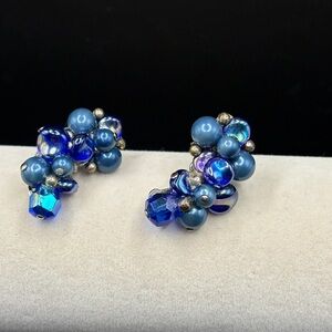 Vintage Trifari Blue Pearls Faceted Crystal Glass AB Beads Cluster Clip Earrings